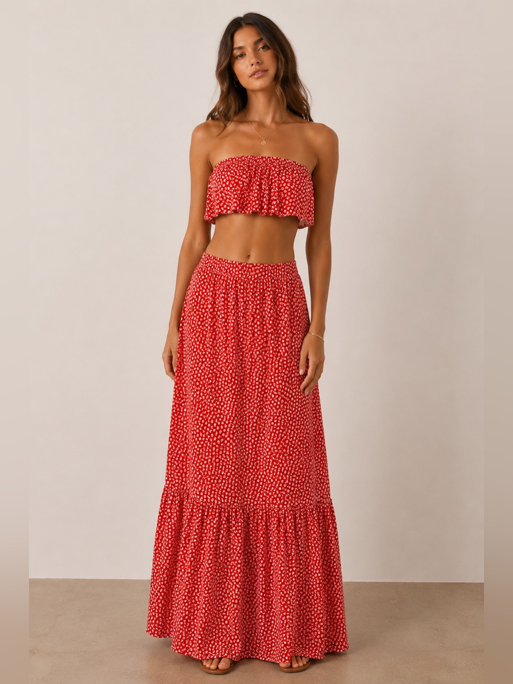 Resa 2 Piece Red Floral Print Maxi Skirt And Bandeau Top